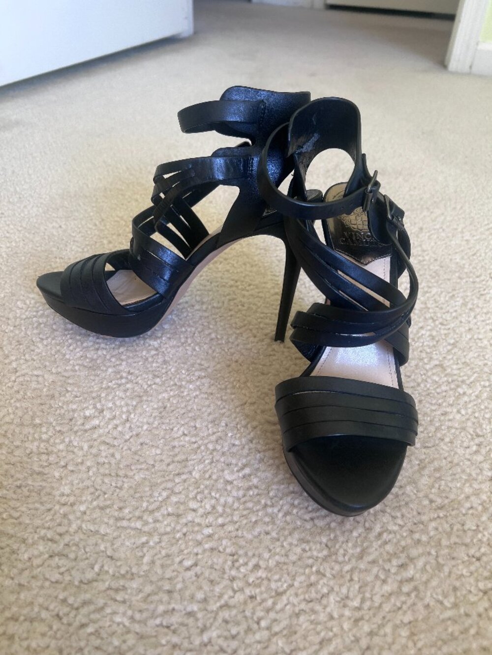 Vince Camuto Black Leather Strappy Heels Size 7.5